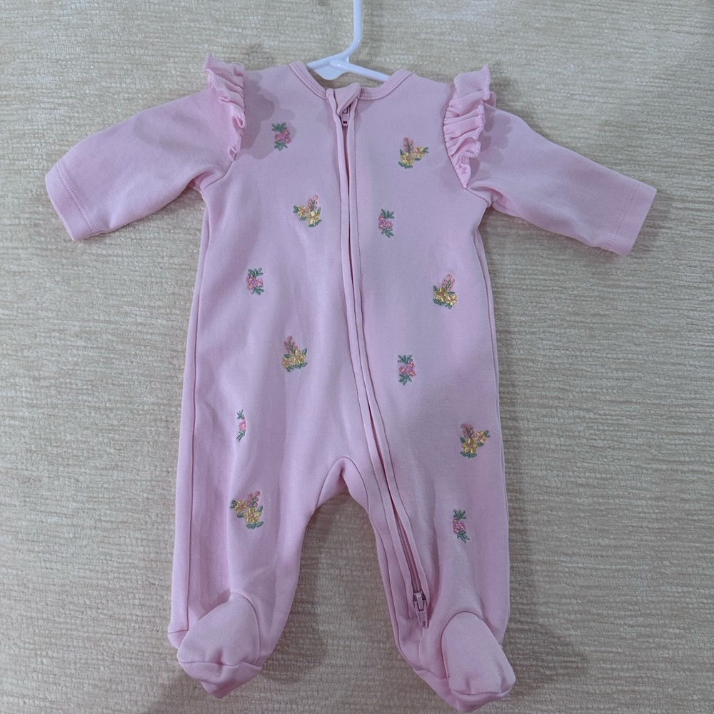 Little Me Pink Footie Pajama with Ruffles and Embroidery